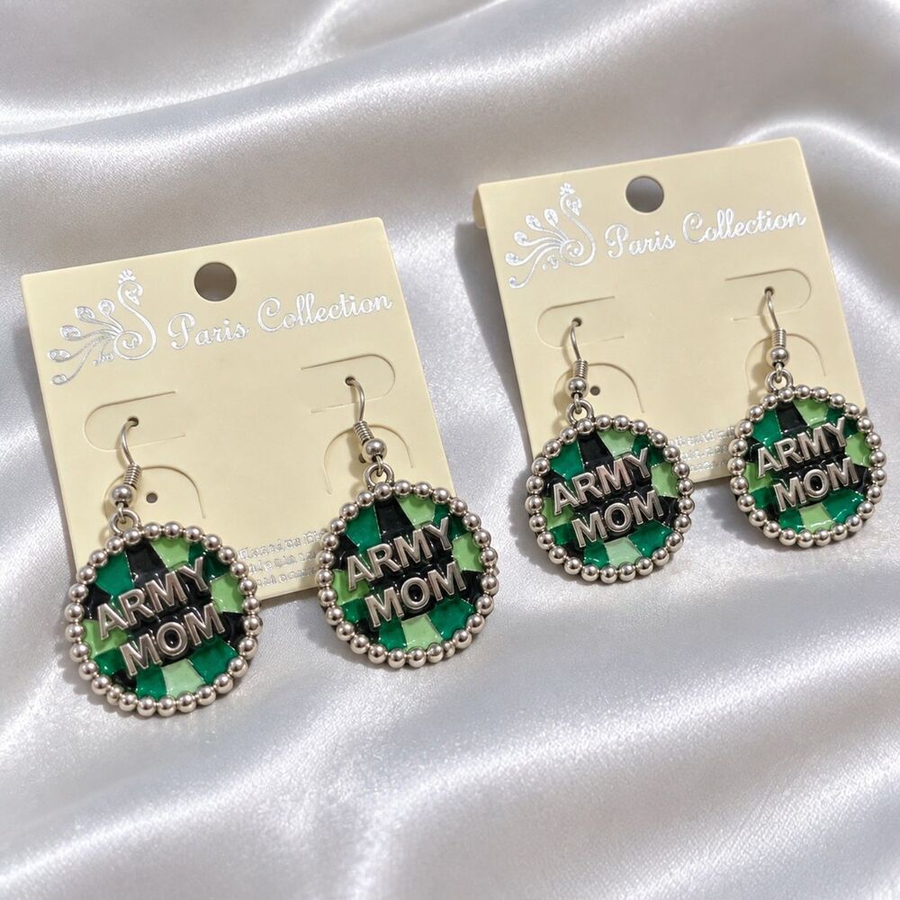 Paris Collection Army Mom Earrings Rhinestone Green Camo Military Dangle 2 Pair